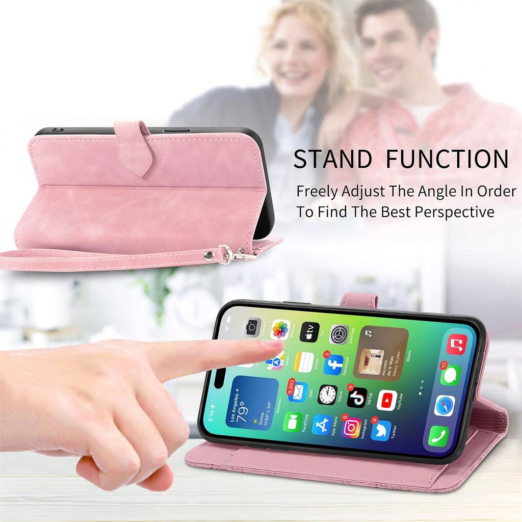 Zipper Wallet Flip Leather Phone Case for IPhone 17 Air 16 15 Samsung S25 S24, with Card Holder Wrist Strap Stand Embossed Shockproof Cover