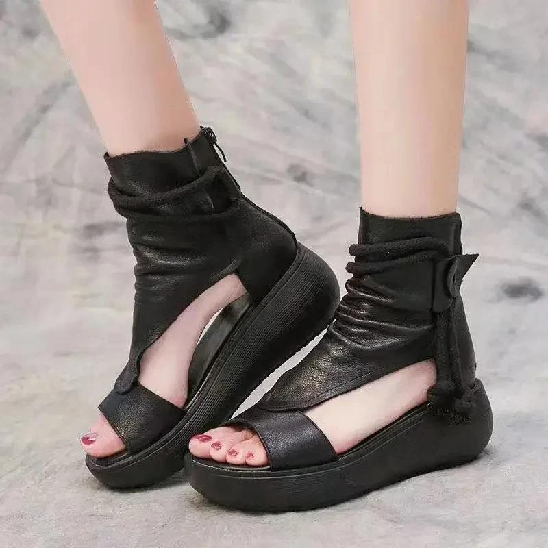 Fashion Retro Women Sandals Fashion Leather Women Boots Breathable Platform Shoes Designer Mid Heels Women Wedges Shoes Sandalias Mujer
