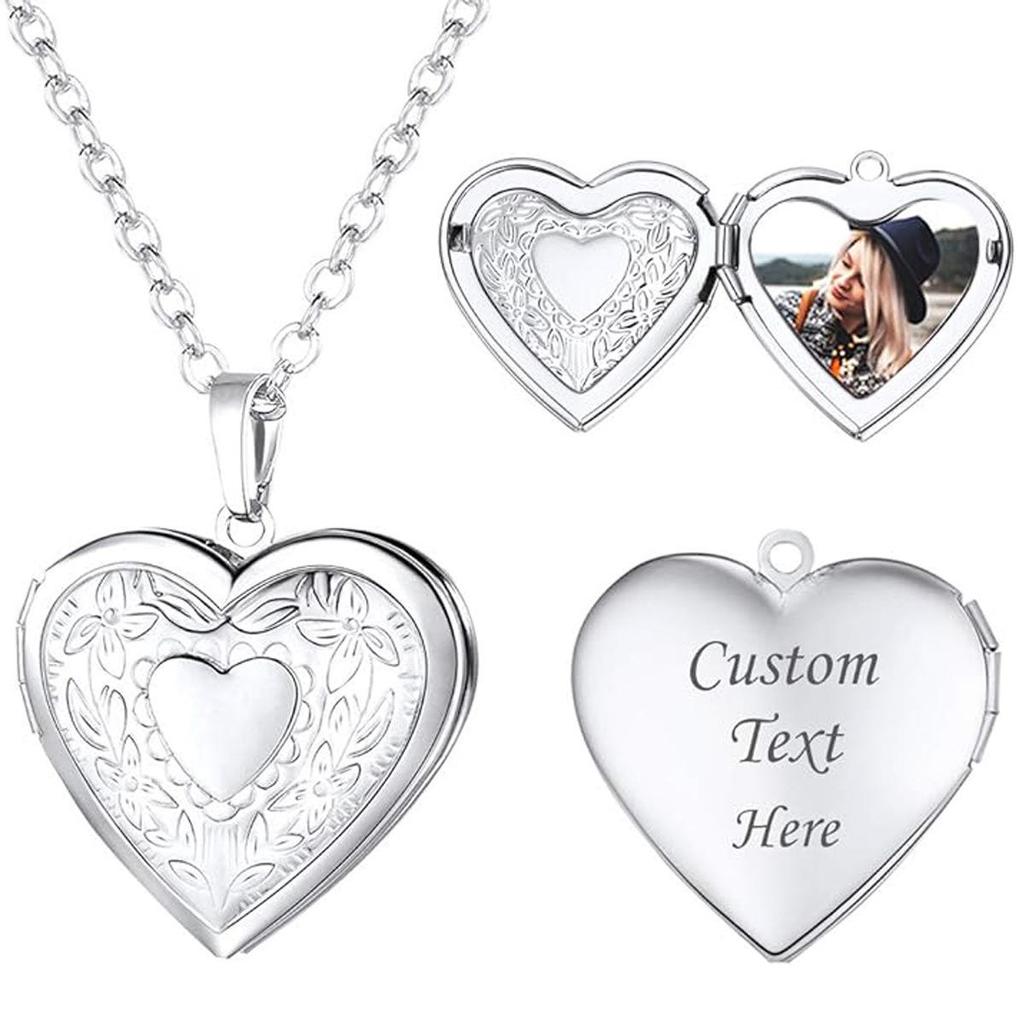 Engravable Heart Pattern Stainless Steel Pendant Necklace - DIY Photo Locket for Couples