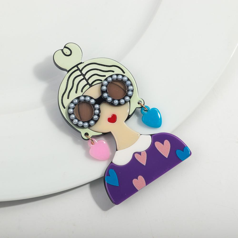 New Cute Girl Figure Acrylic Brooches for Women Spliced Handmade Glasses Lady Badge Lapel Pins Jewelry Clothing Accessories Gift