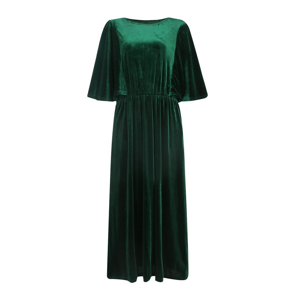 Einfarbiges, kurzärmeliges, sexy Abendkleid aus goldenem Samt mit Rundhalsausschnitt für Damen