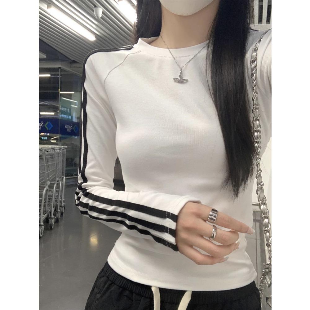 Top de bază cu mânecă off-the-shoulder pentru fete, pentru toamnă și iarnă, Tricou cu mânecă lungă, slim și subțietor, pentru femei, cu dungi