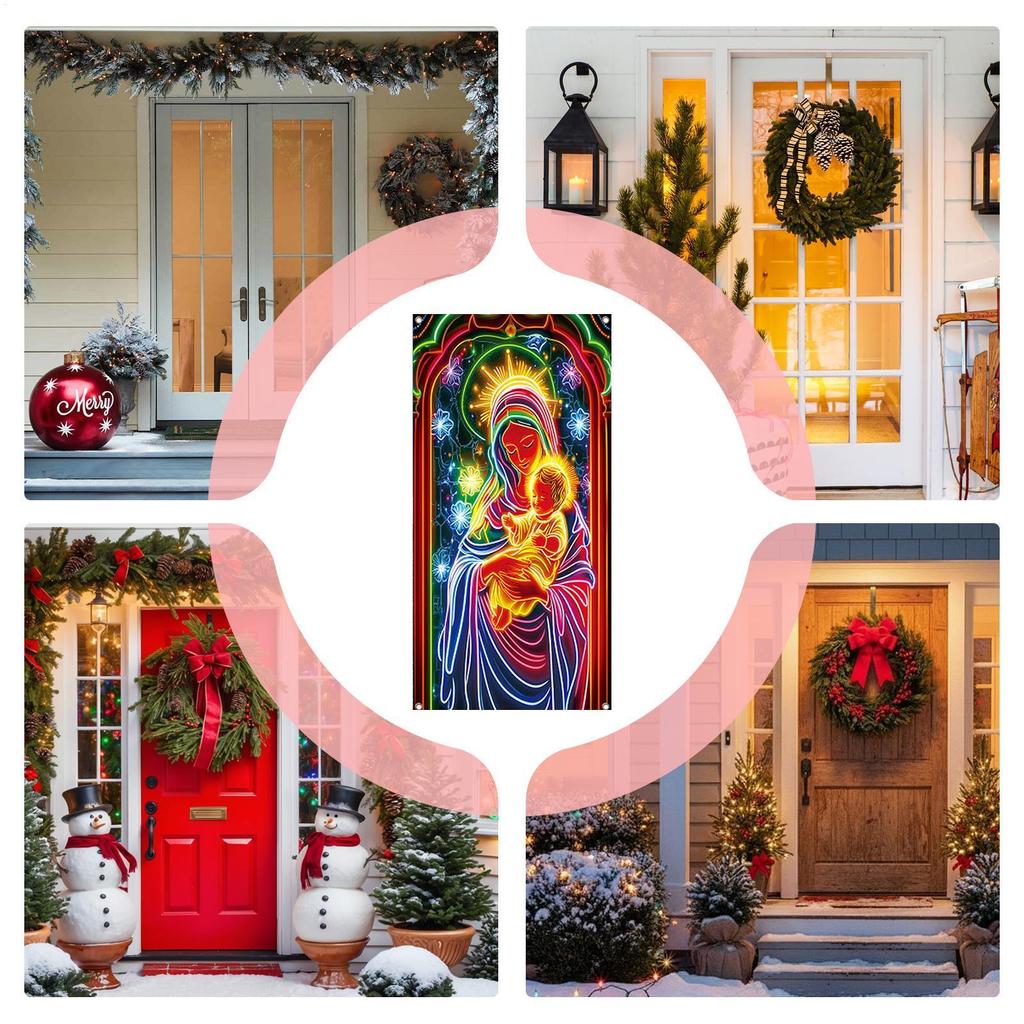 Christmas Door Cover Large Religious Fabric Backdrop Fluorescent Porch Sign Banner Holiday Party Home Church Garden Decorations