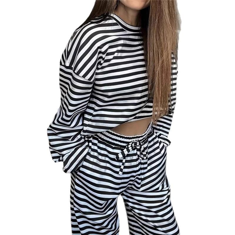 Women's 2Pcs Striped Casual Tracksuit Loose Long Sleeve Top + Wide Leg Pants Set