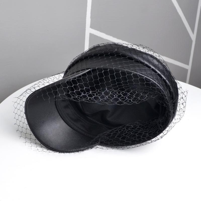 Fashion Lace Mesh Yarn Berets Hats For Women Girl Vintage Black Denim/Pu Flat Top Newsboy Caps Female Elegant Short Brim Sun Hat