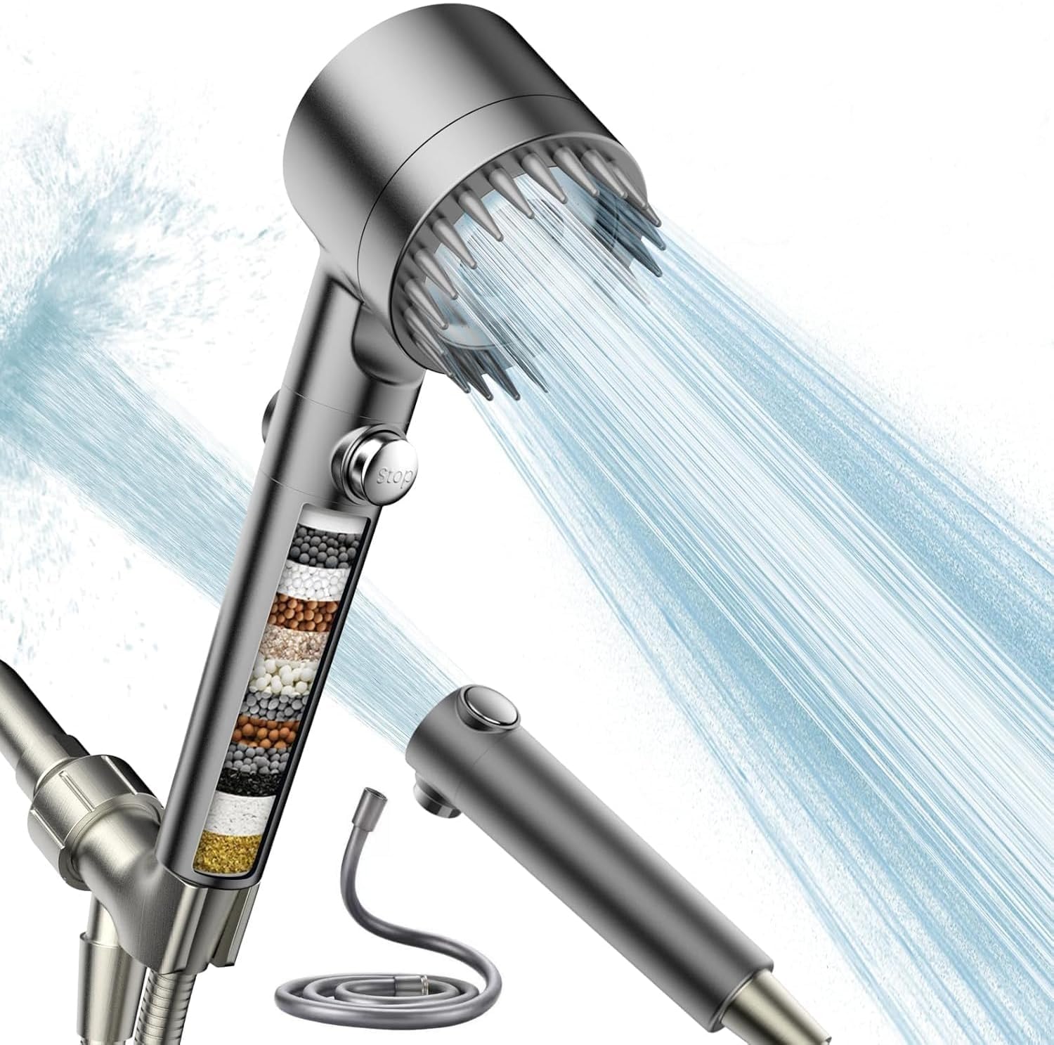 

OBEST Handheld Shower Head with Hose and Filter Core Set, High Pressure, Adjustable, Massage Function, Water-Saving, Bath Accessories (Gray)