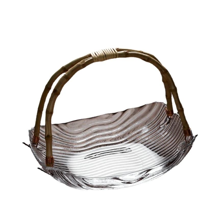 Glass Fruit Tray Household Snack Candy Dessert Plate Afternoon Tea Dim Sum Rattan Woven Portable Trays Housewear