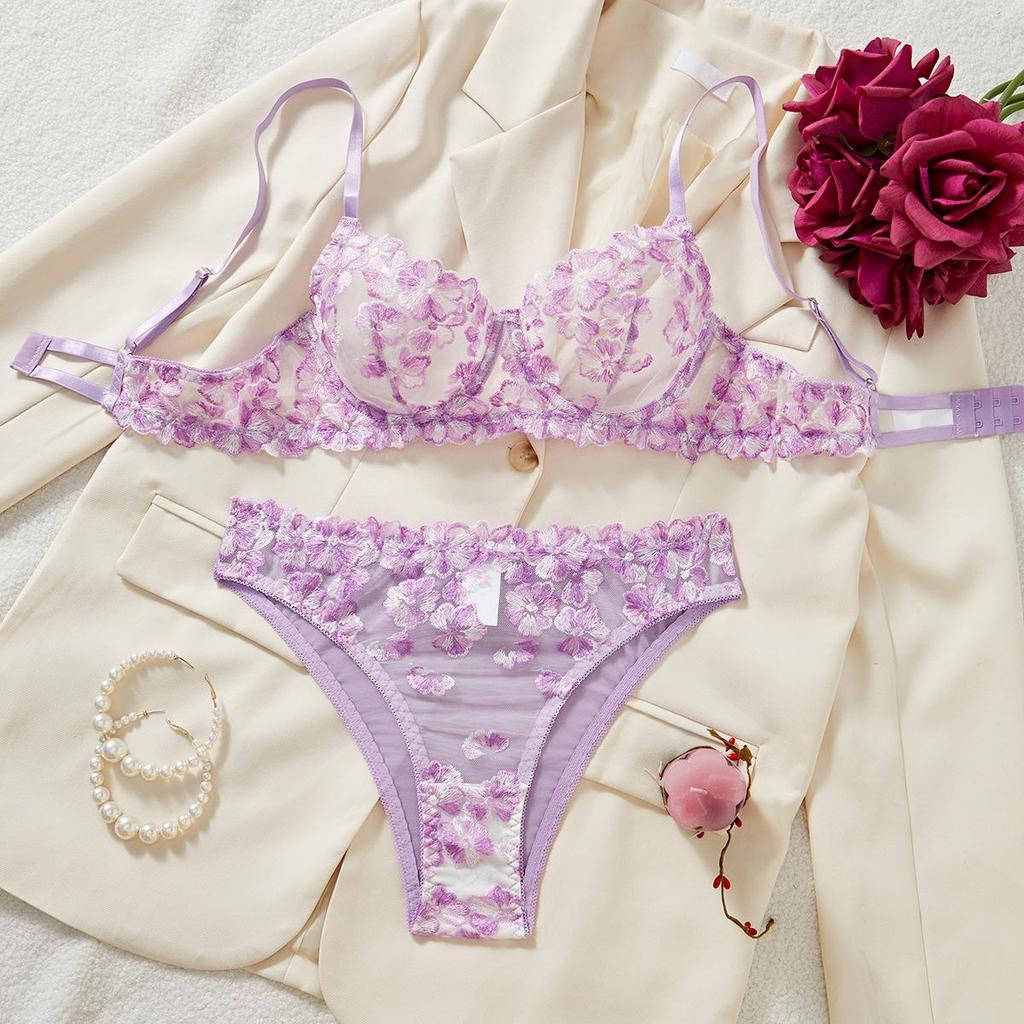 Conjunto de Lingerie Sexy Transparente Multicolorido Bordado Floral Francês Kajano para Mulheres - Coleção Outono