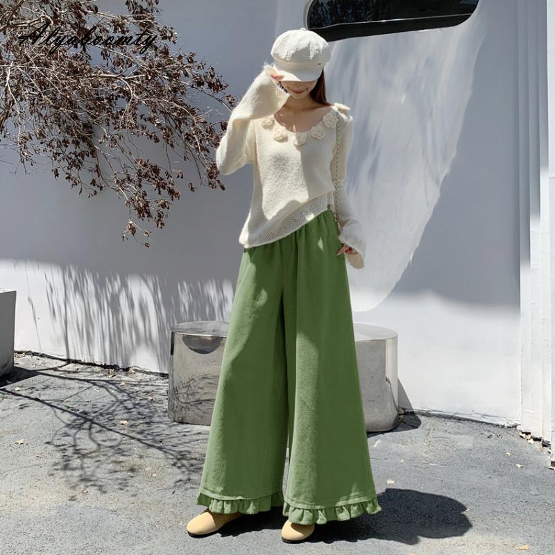 

Корейская мода Осень Зима Женские брюки широкие штанины Высокая талия Абрикосовый Винно-красный Синий Зеленый Коричневый Розовый Свободные брюки Рюши Вельветовые Базовые брюки One Size зелёный