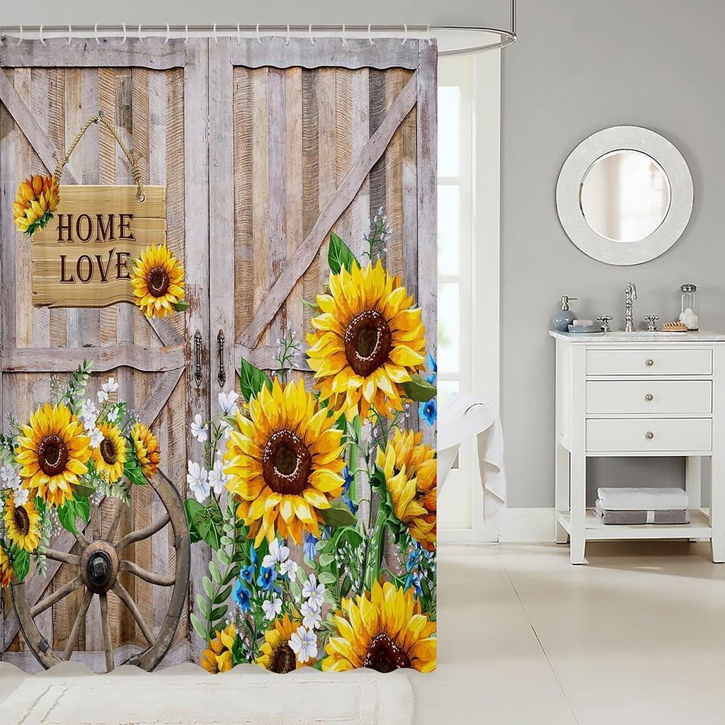 Rustic Sunflower Shower Curtain Wooden Barn Door Home Love Sign Farmhouse Decor Yellow Flowers Bathroom Accessories Waterproof