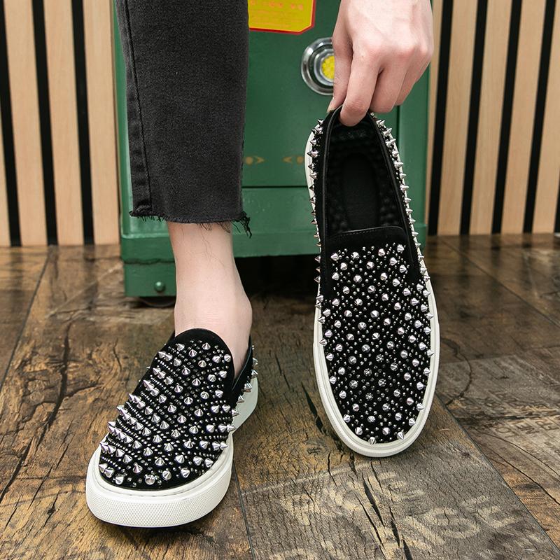 Fashion 2025 New Men Tide Leather Casual Shoes Fashion Luxury Embroidery Twinkling Rhinestone Flat Shoes Leisure Sneakers Loafers