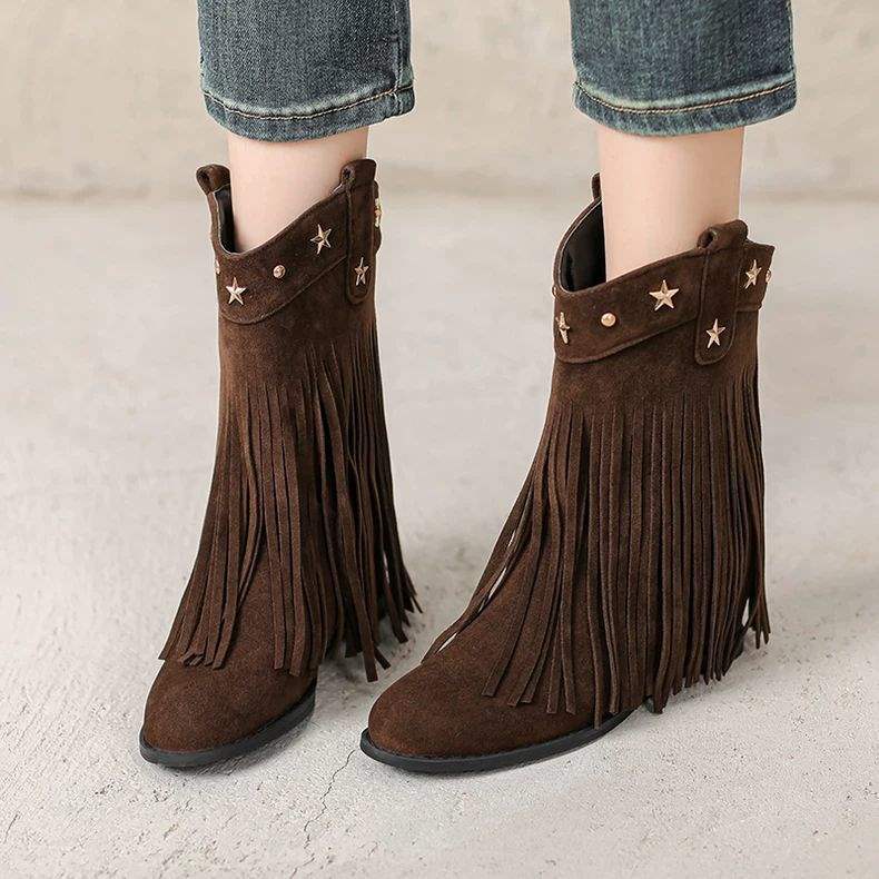 2025 autumn and winter new retro tassel wedge short women's boots inner height increase Martin boots round head fashion high heels cm