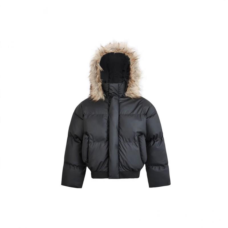 Mens Winter PU Leather Short Cotton Puffer Coat Detachable Hood Casual Loose Couple Style