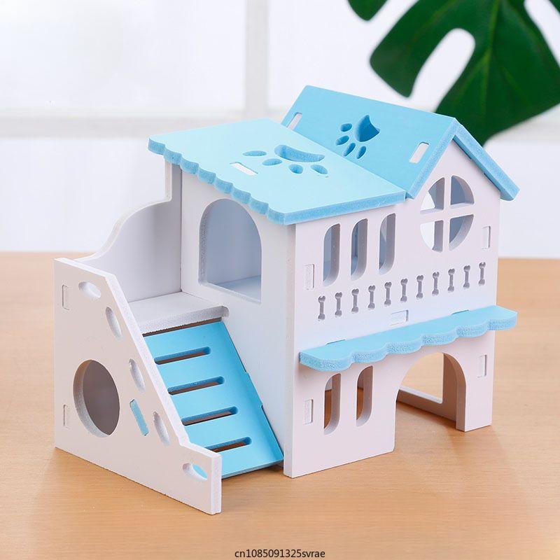 Wooden Hamster Hideout House Pet DIY Hideout Hut Toy Double-storey Pet Hut Play Toy Small Animal Supplies Cages Accessories