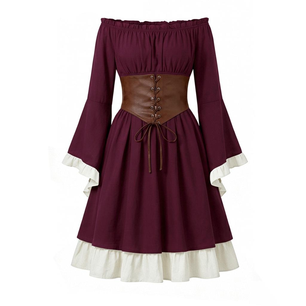 Womens Medieval Renaissance Dress Off Shoulder Gothic Style Corset Waist Vintage Long Sleeve Flared Skirt Costume for Halloween or Themed Events
