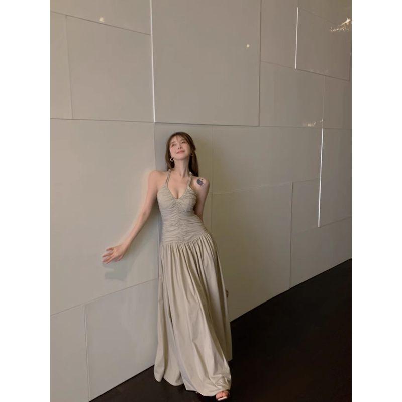 Kumikumi Gyaru Style Gray Niche Chic Pleat Hanging Neck Dress Women Summer Waist Hugging Slimming A- Line Skirt