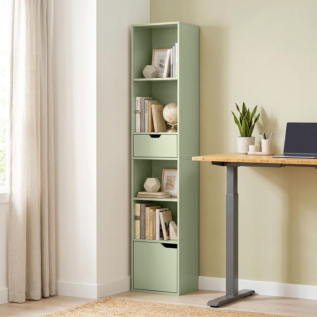 6-Tier Bookcase SlimDrawer Door 30 x 24 x 158 cm Green