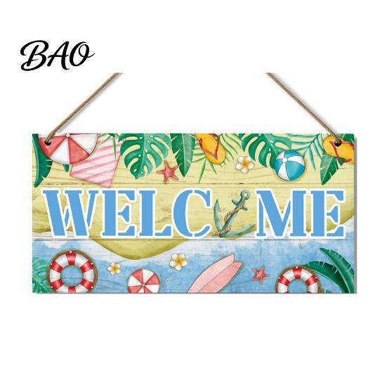 Hanging Wooden Sign for Front Door Summer Wood Door, Tropical Beach Welcome Coastal Style Terrace Decor Sign, Rustic Hanger Home Porch Wall