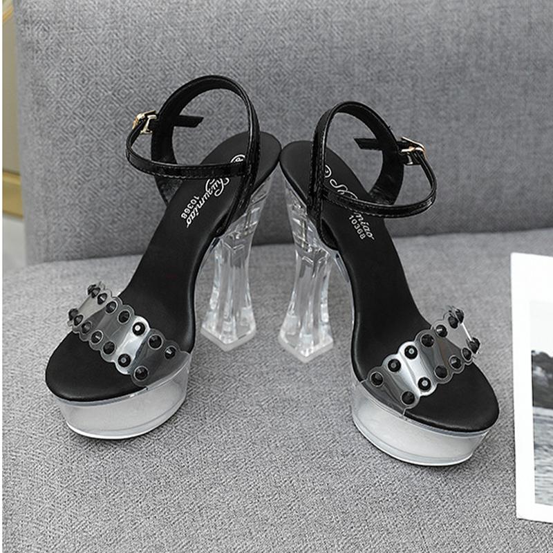 Pantofi de damă Moda Toc înalt Club de noapte Strasuri Cristal Floare Sandale cu toc gros Seria 10365 Toc 14 cm 4 cm Platformă LFD