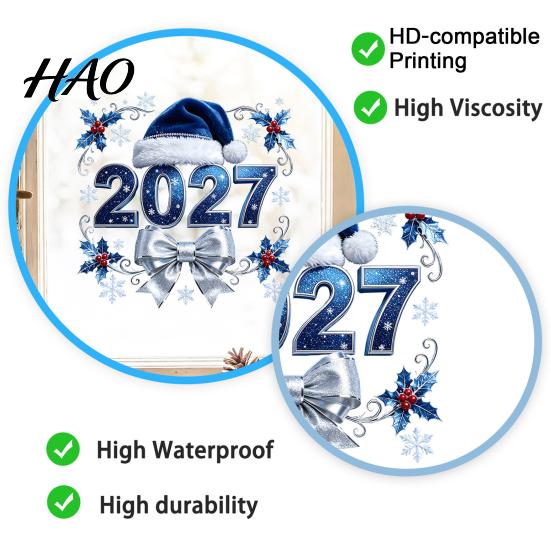 Customizable Window Murals 2027 New Year Christmas Static Cling, Glue?Free Snowflake Glass Waterproof PVC Wall Decals Sticker, Reusable Holiday