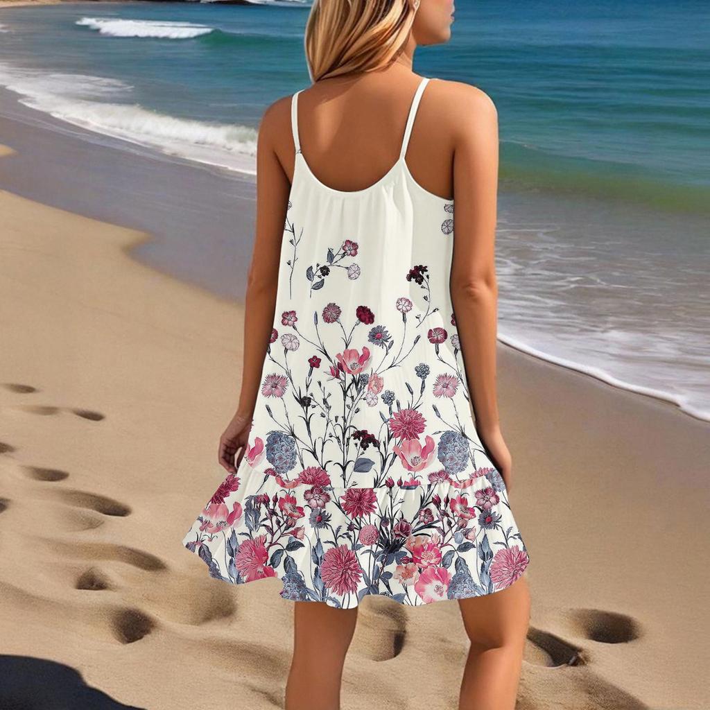 Women's Dresses Sleeveless Loose Casual Floral Print Hem Pleated Beach Dresses
