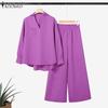 ZANZEA Women Long Sleeve Blouse and Pants Casual Two Piece Suit Sets
