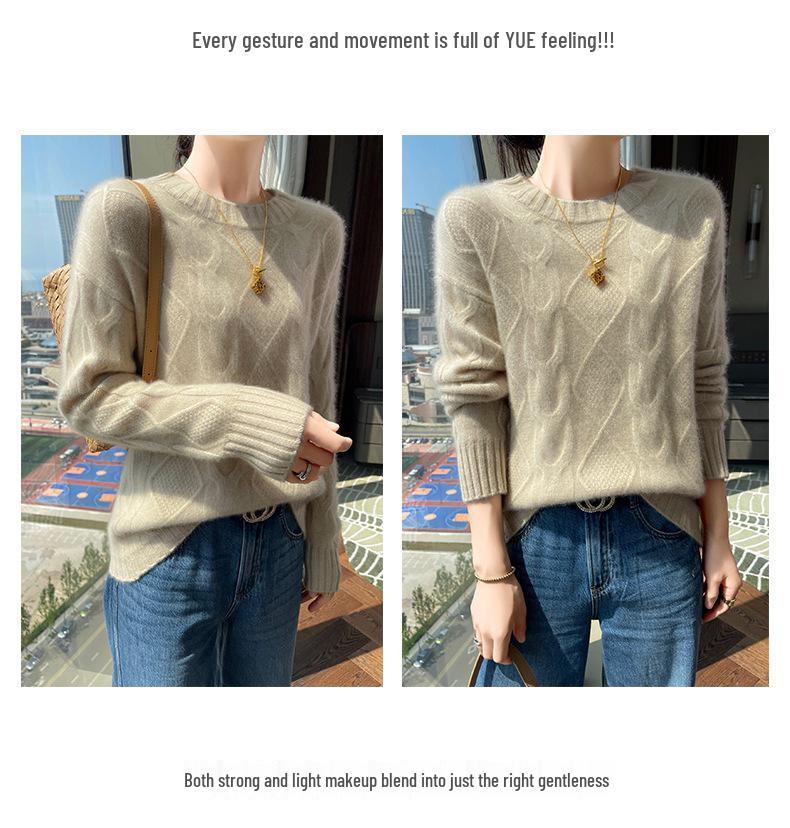 Women's Soft Cashmere Sweater, Round Neck, Diamond Jacquard, Thick Knit, Loose Fit, Base Layer