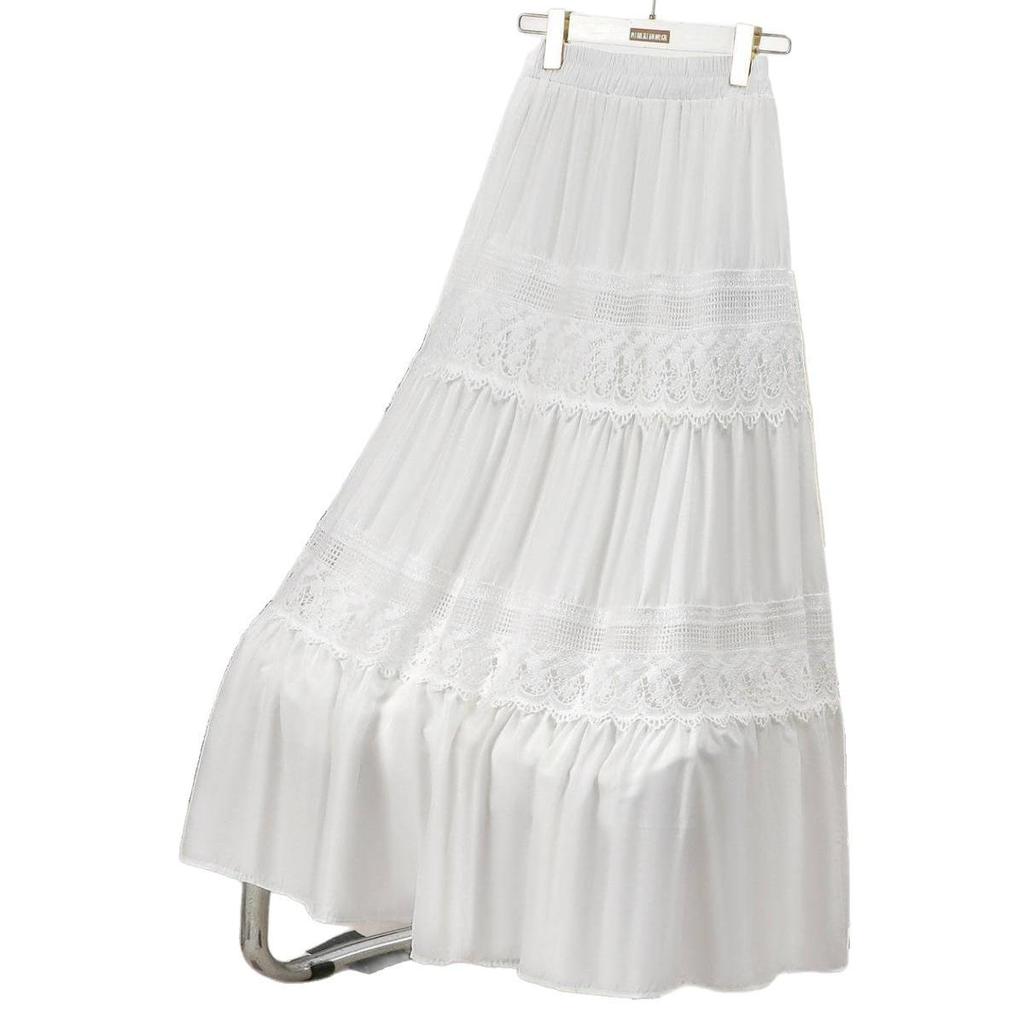 Spring 2026 Elegantly Slimming High-Waisted A-Line Midi Skirt with Lace Panels