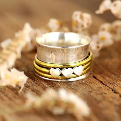 Huitan Hip Hop Wide Rings for Women Two Tone Metal Finger Accessories 3 Hearts Exquisite Female Rings Daily Wear Party Jewelry