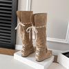 Cowhide retro inner height-increasing pointed head high tube boots, new string-strap pleated thin boots, folded and two stacked boots