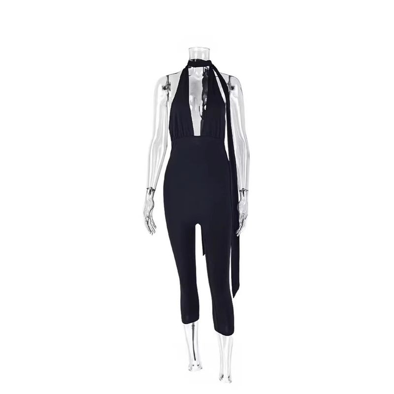Cross-Border European and American Style E-Commerce Halter Neck Backless Hollow-Out Simple Solid Color Jumpsuit Dropshipping