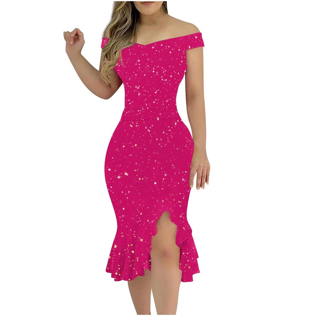 Women's Fashion Sexy Summer Off Shoulder Short Sleeve Sequin Ruffle Irregular Dresses