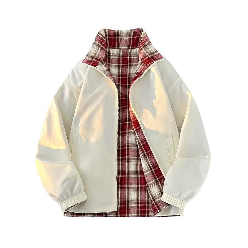 Men's Zipper Pocket Plaid Stripe Contrast Long Sleeve Turtleneck Cardigan Fashion Top