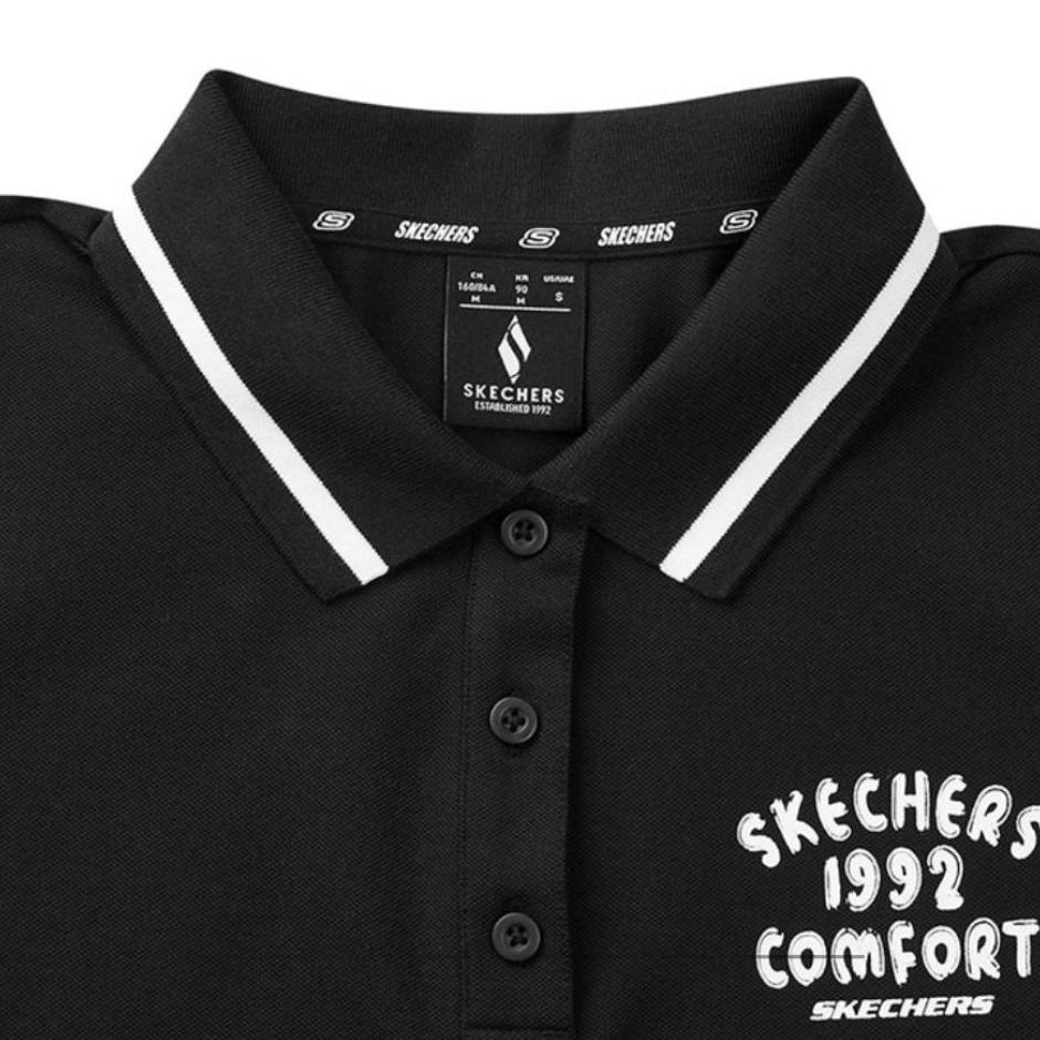 Skechers Fashion Simple Button Letter Polo Collar Short Sleeve Dress Women Dresses Carbon-Black L224W094-0018