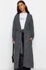 Women's Fashionable Stylish Hijab Cardigan Anthracite Belted Long Thessaloniki Knitted Knitwear Cardigan