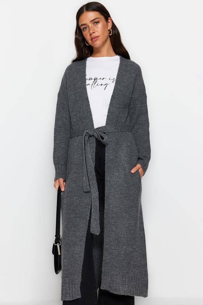 Women's Fashionable Stylish Hijab Cardigan Anthracite Belted Long Thessaloniki Knitted Knitwear Cardigan