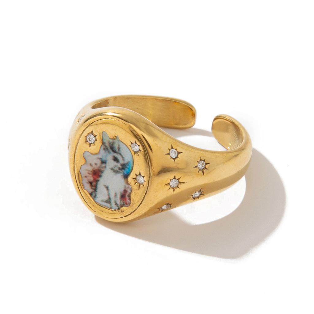 Titanium Steel Fashion Light Luxury Painted Seal Statement Ring Butterfly Love Rabbit Flower Personality Design Sense 18K