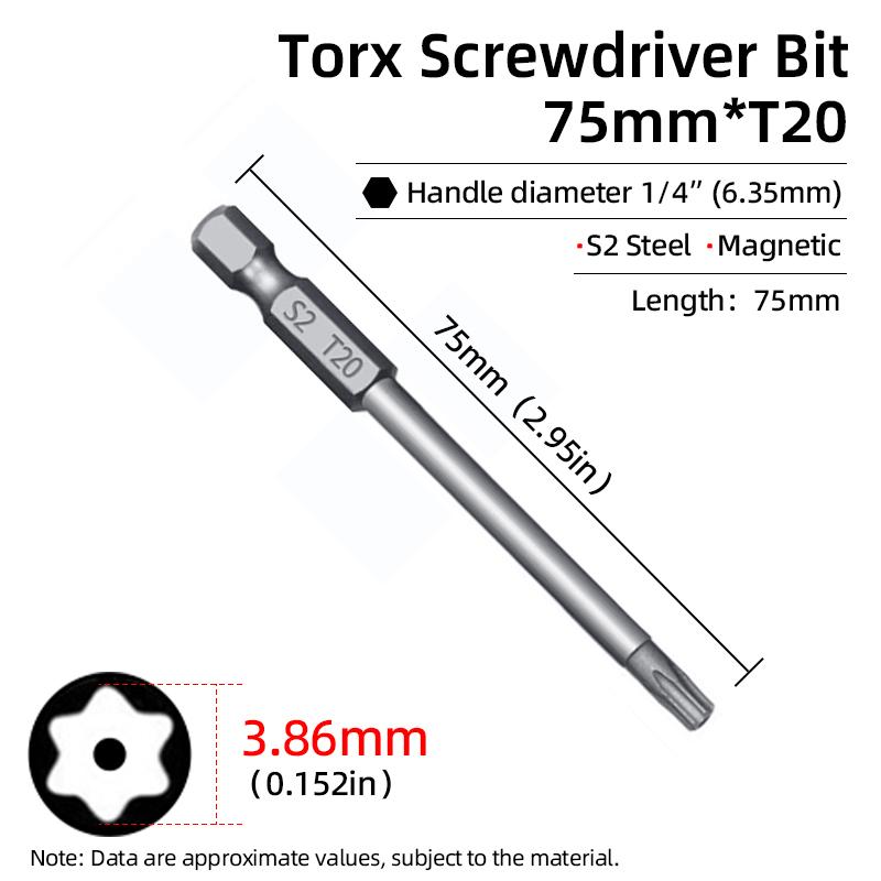 

75 мм магнитные биты Torx для отвертки, биты с защитой от несанкционированного доступа T6-T40, полая головка в форме цветка сливы S2 1/4 , шестигранник для ручных электроинструментов