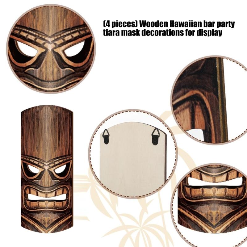 Pack of 4 Hand Carving Wooden Mask Wall Hangings Polynesian Themed Home Decorative Item for Indoor and Outdoor Space