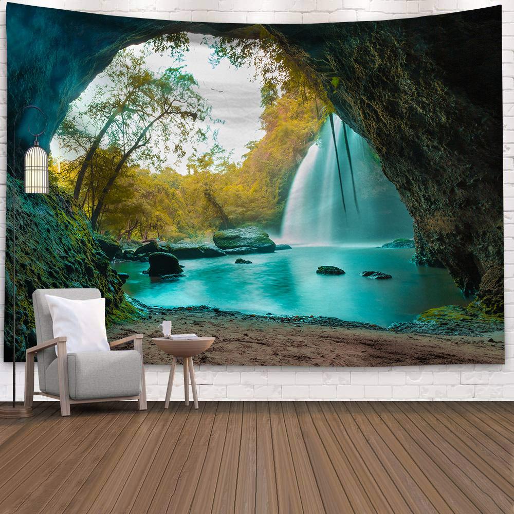 Natural 3D Waterfall Tapestry Beach Towel Landscape Primeval Forest Stream Printing Wall Carpet Yoga Mat Home Art Tapestry Decor