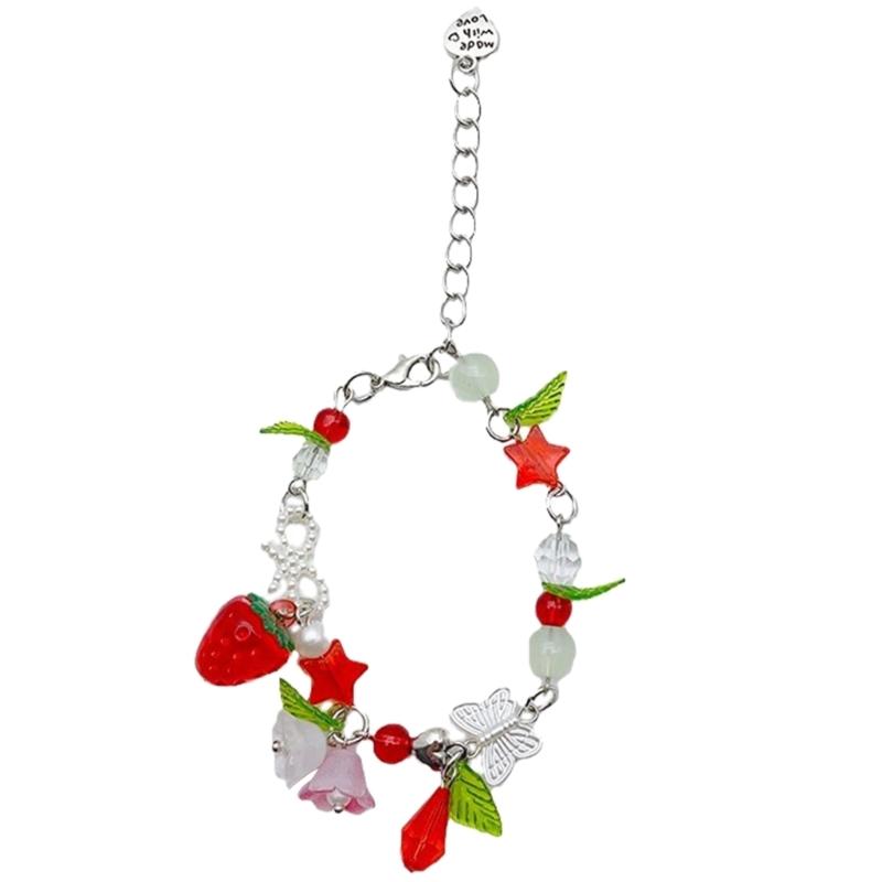 Ручной браслет из бусин с подвеской-цветком и клубникой Браслет-цепочка Жемчуг Бант Регулируемая цепочка Украшение Подарок 1