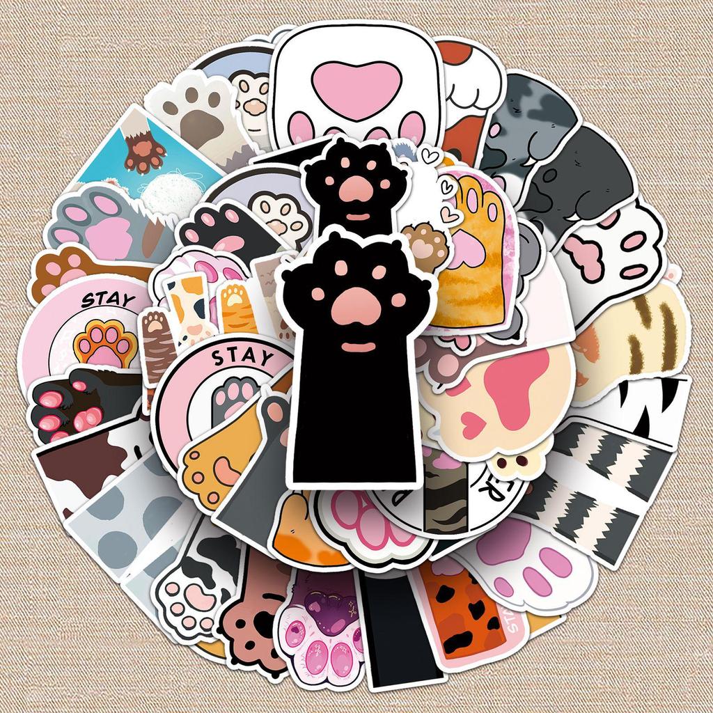 50 Cat Paw Graffiti Stickers - Cute, Waterproof Cartoon Cat Designs for Decorating Phone Cases and Suitcases
