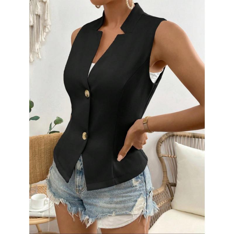Women V Neck Sleeveless Blazer Vest with Padded Bust Single Breasted Slim Fit Casual Office Waistcoat