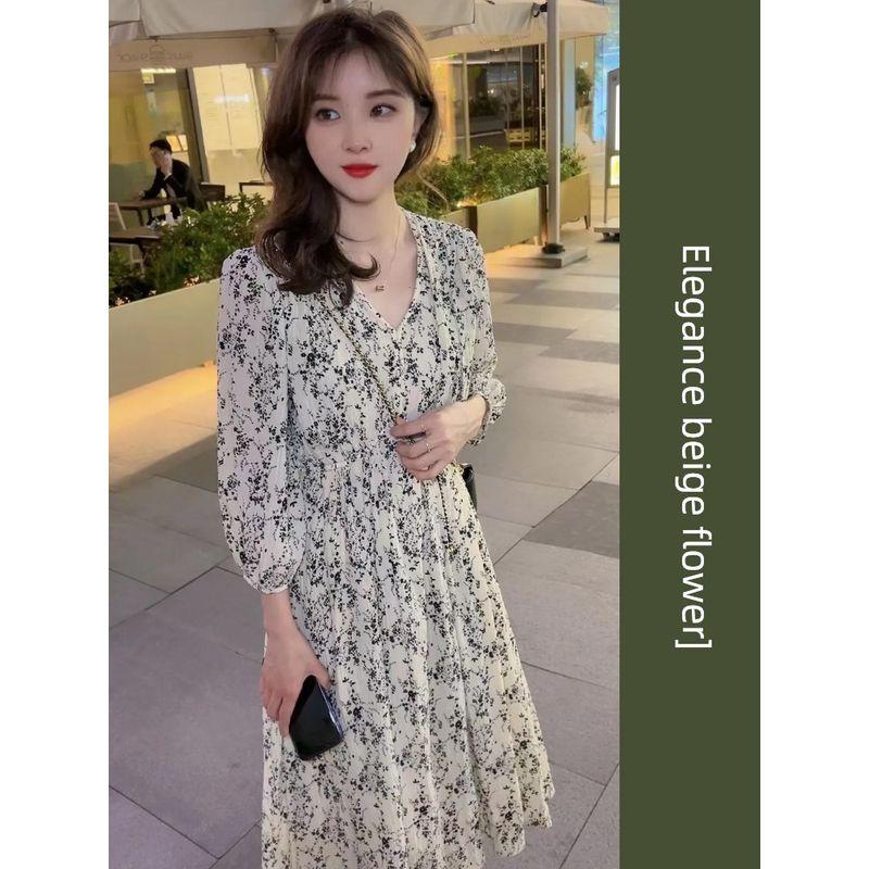 

French Style Fancy V-neck Floral Dress Women s Summer Tea Break Waist-Tight Slim Looking A- line Midi Dress Temperament Fairy Skirt Beige Floral(Authentic) M(40.00 kg-57.50 kg)