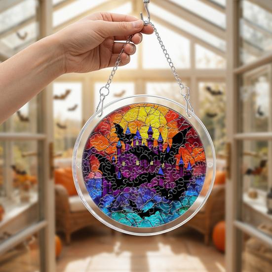 yangyizhi Halloween Scary Bat Pumpkin Acrylic Jigsaw Puzzle Suncatcher, Stained Glass Style Window Hanging Decor for Home, Garden, Gift Family Friends