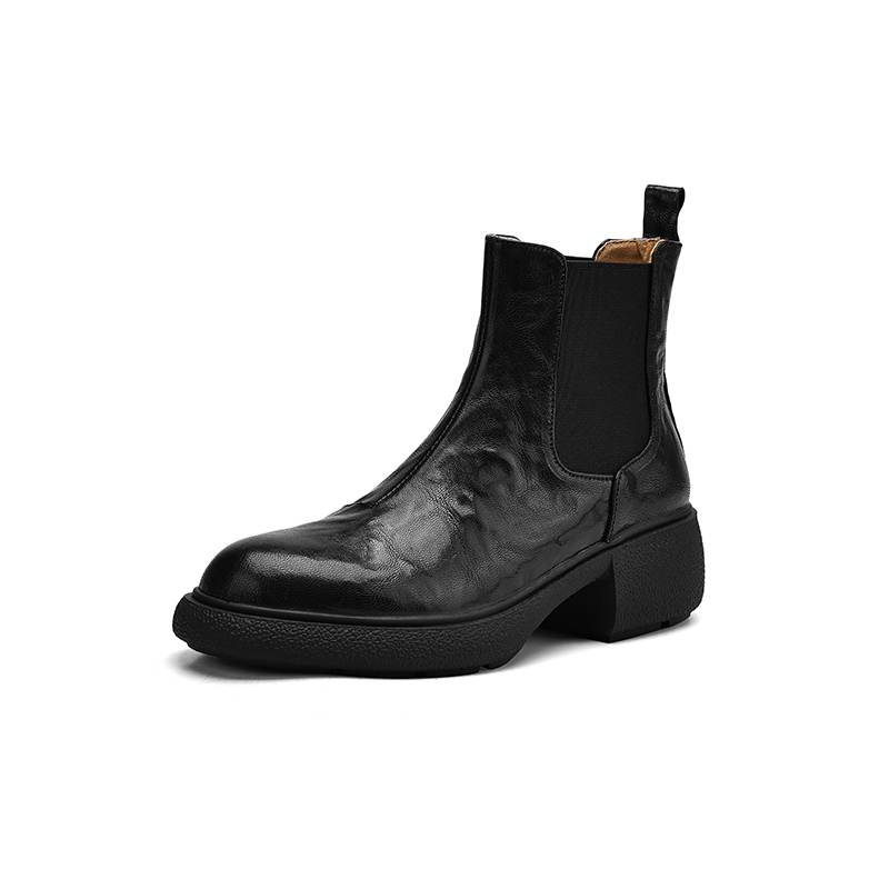 Krazing Pot Sheepskin Pleated Decoration Autumn Winter Shoes Chunky Heels Size 43 Size 42 Round Toe Slip on Retro Fashion Ankle Boots