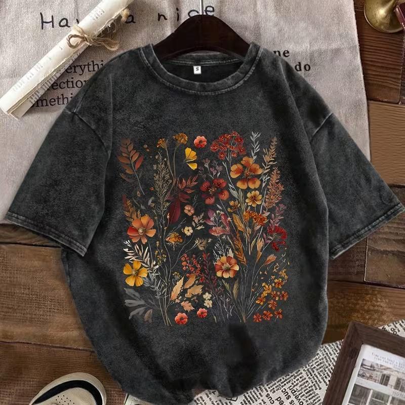 Vintage Washed T-shirt with Fern Leaf & Botanical Print - Soft Relaxed Fit Short Sleeve Round Neck Casual Top,Fern Leaf Shirt