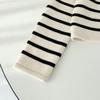Women's Autumn Striped Knit Cardigan - French Style, Color Block, Loose Fit, Round Neck, Short Length, Long Sleeve Sweater Coat.