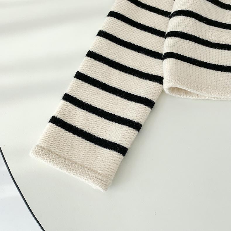 Women's Autumn Striped Knit Cardigan - French Style, Color Block, Loose Fit, Round Neck, Short Length, Long Sleeve Sweater Coat.