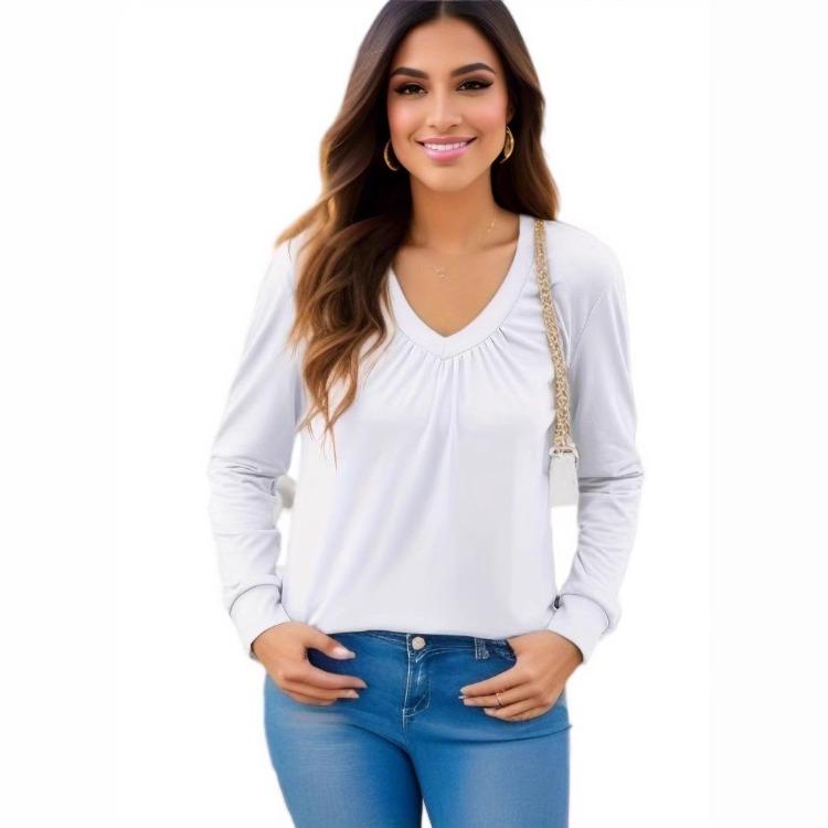Casual Pleated V Neck Long Sleeve Blouses for Women Spring Summer
